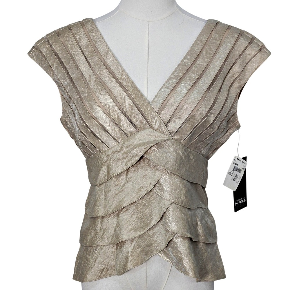 Adrianna Papell Blouse Womens 6 Beige‎ V-Neck Cap Sleeve Pleated Ruffle Satin